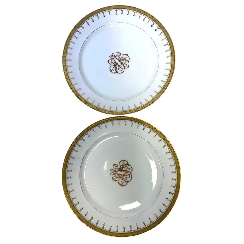 Antique Limoges Mid-1800's Porcelain Plates Elegant Gilded Design-Stunning Set 6